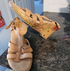 BORN Floral Wedges TAN soft Leather Sandal CORK